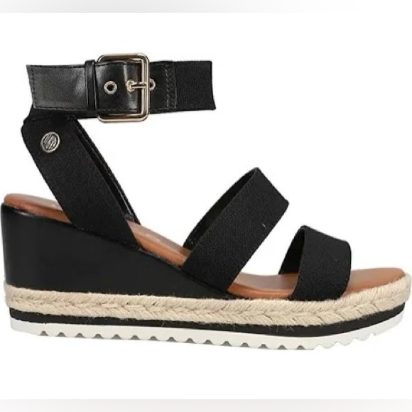 Unisa Black Wedge Sandals with Tan Accents - Picture 1 of 7